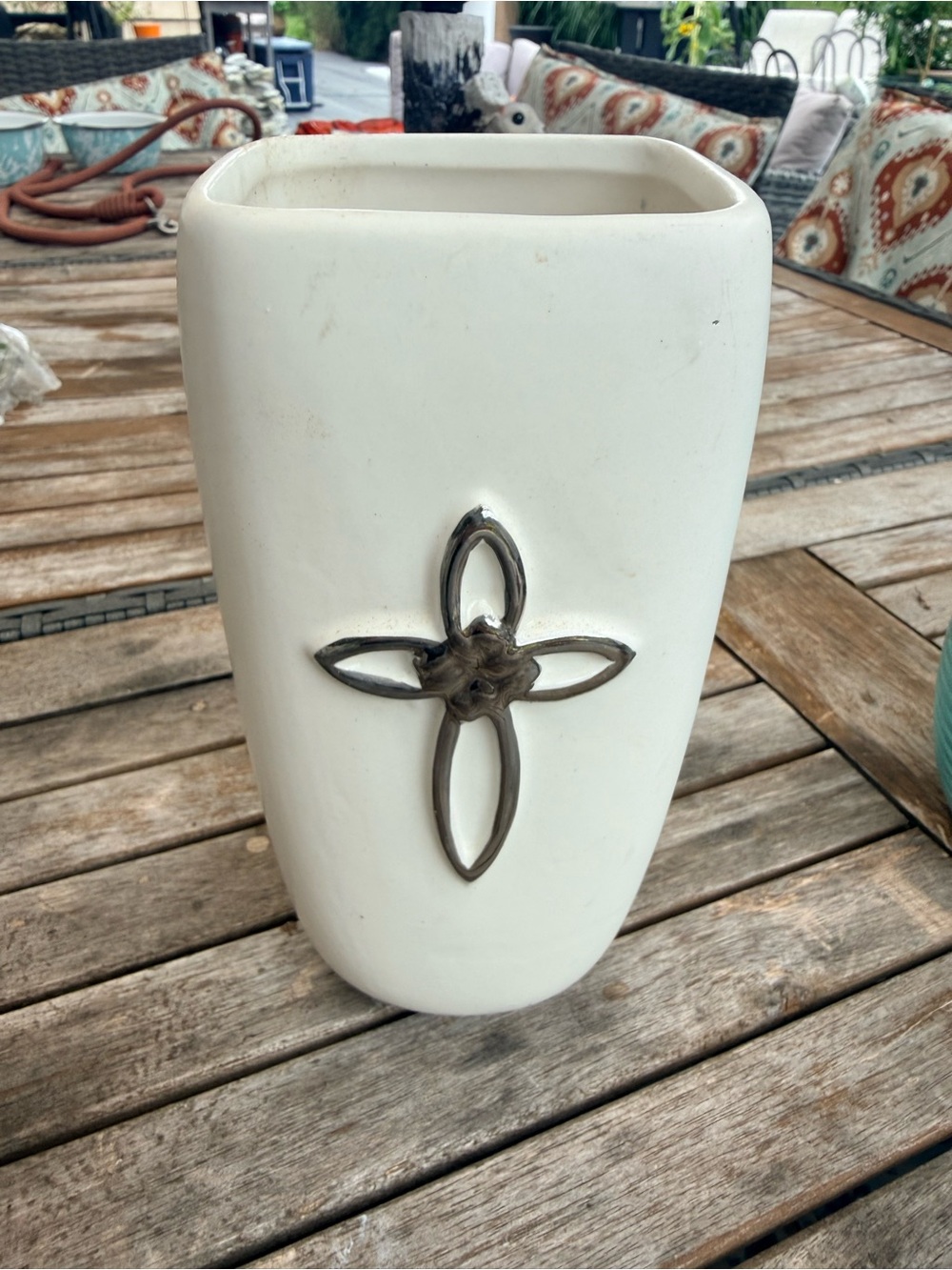 White Ceramic Decorative Vase with Metal Cross Accent - Home Accents